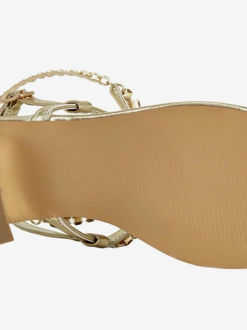 Women's Gold Jeweled T-Strap Sandals with Chain Ankle Strap - Picture 5 of 5